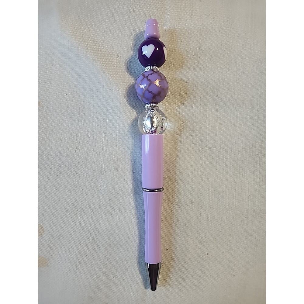 Bead Pen Purple Pen Dark Purple with Hearts, Light Purple, Clear Specked Beads